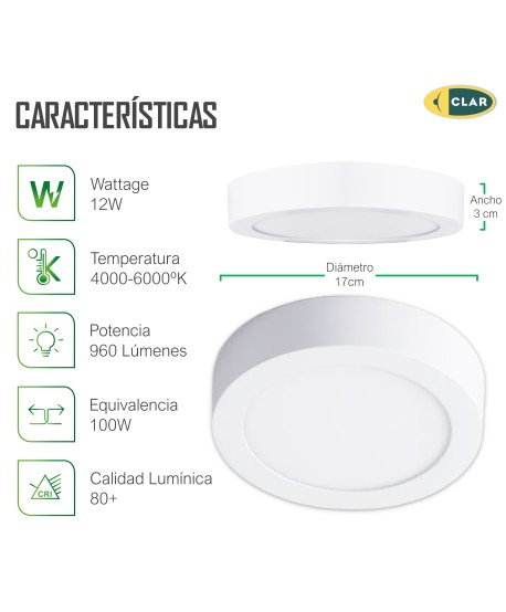Downlight Superficie 12W Redondo, Plafon LED techo.