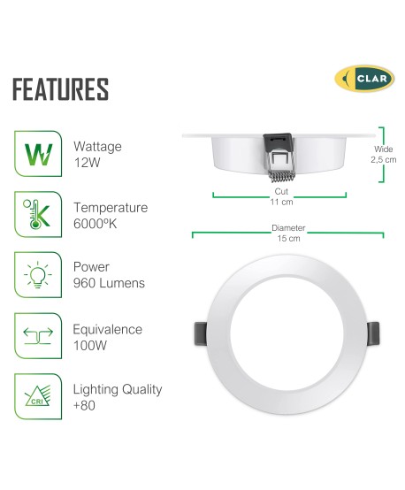 Downlight LED Techo Empotrable MILO 12W, Driver Integrado