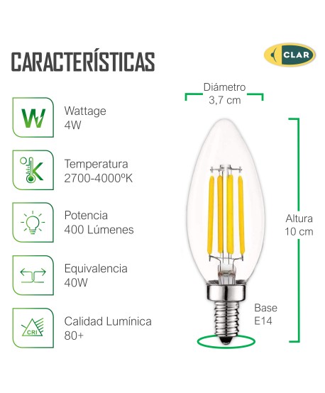 Bombillas LED E14 Filamento Vela 4W C37