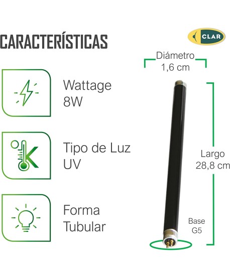 Tubo negro 8W T5, Tubo fluorescente luz ultravioleta.