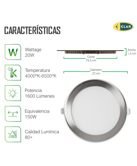 Downlight LED Empotrable Plata 20W Redondo 1600lm