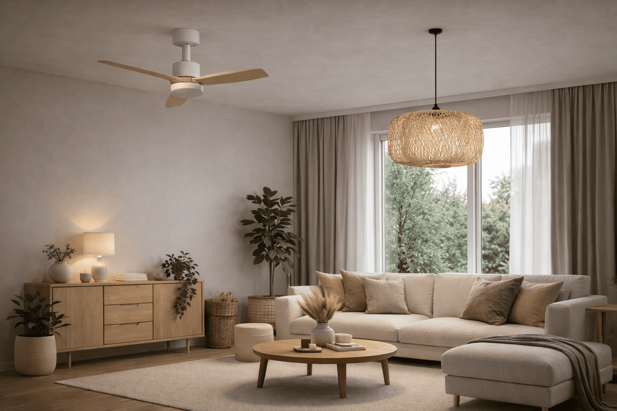 Salón con lámpara de techo, lámpara de mesa y ventilador con luz