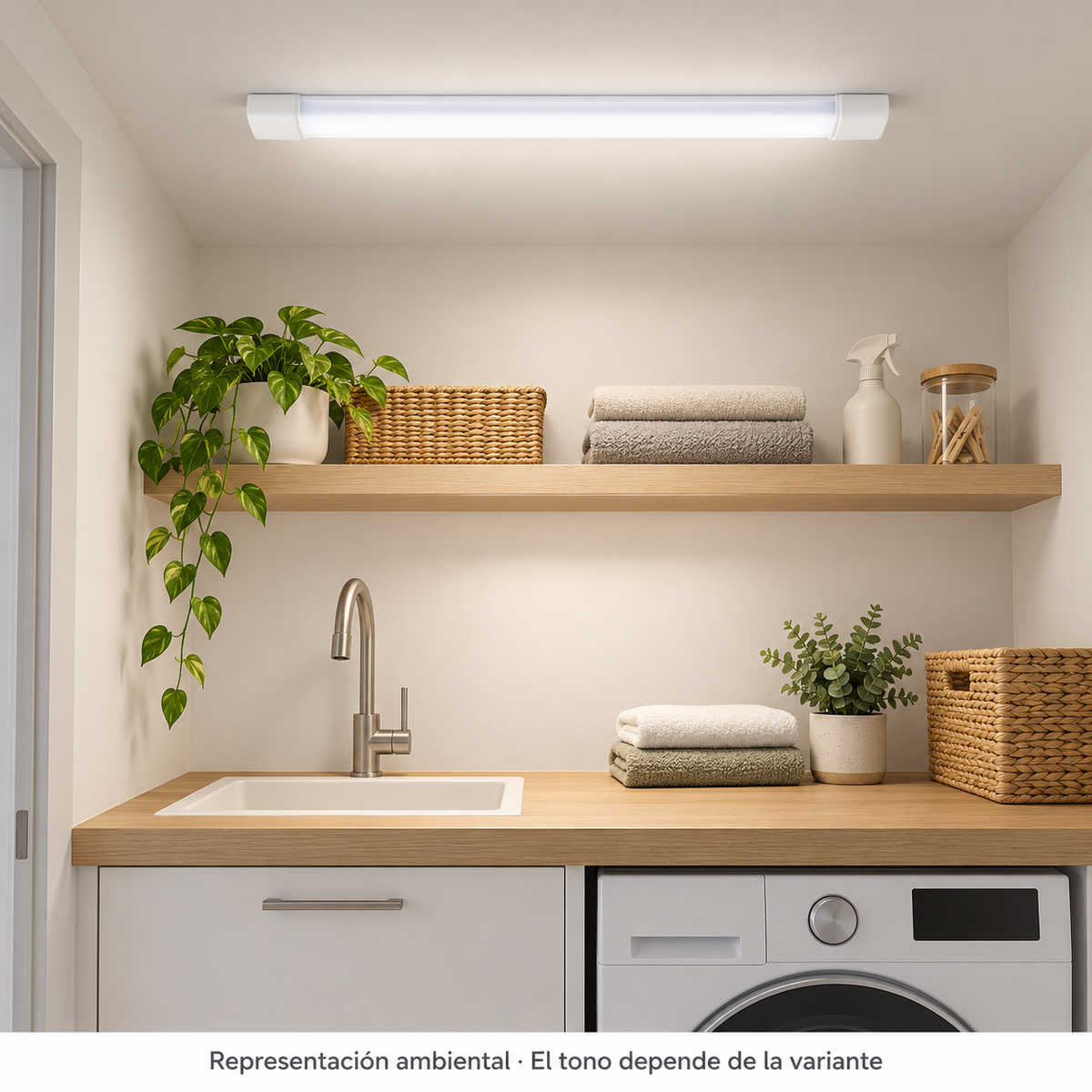 Representación ambiental de la pantalla LedsCome de 60 cm encendida en un lavadero; el tono depende de la variante