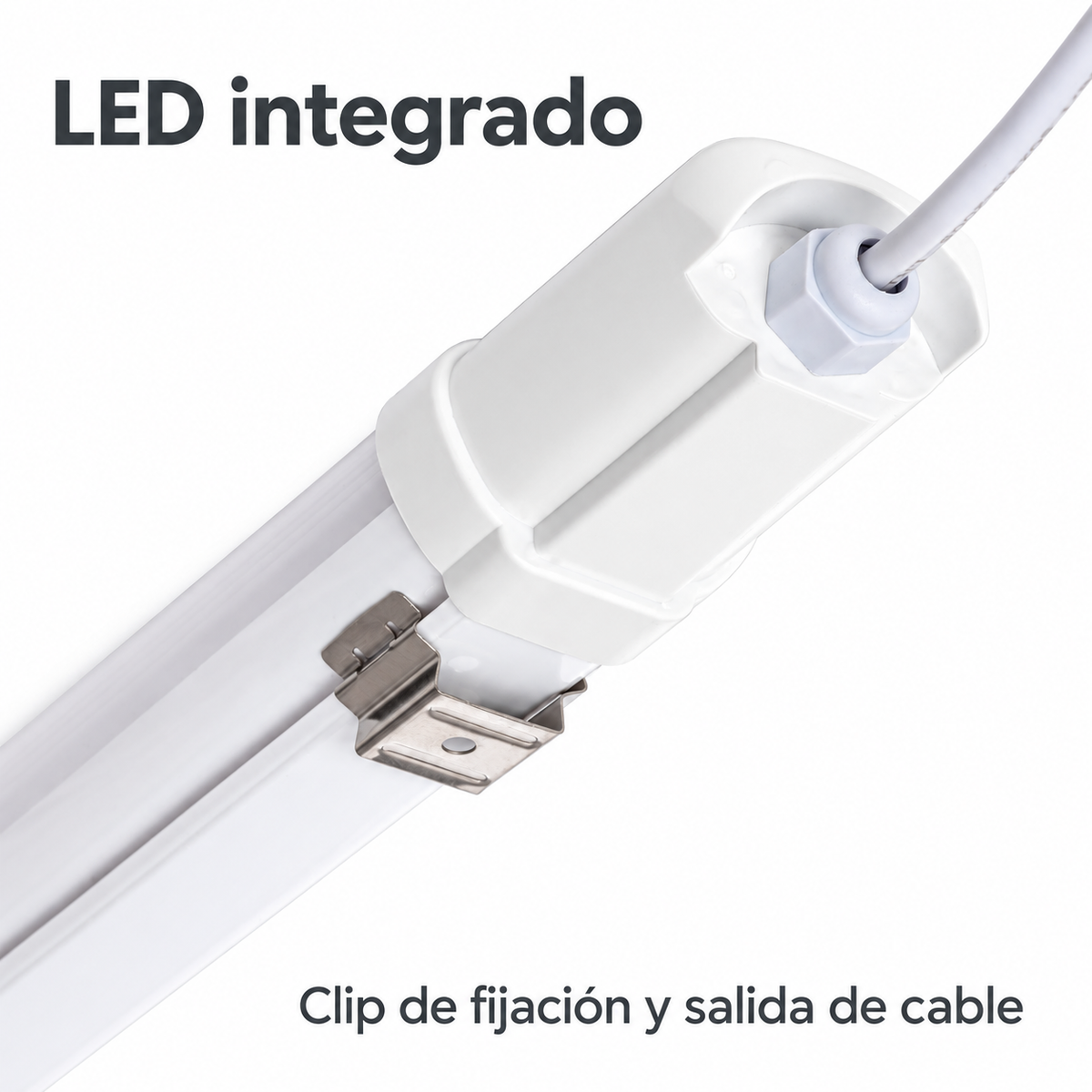 Detalle del clip de fijación y salida del cable de la pantalla LED integrada LedsCome de 120 cm