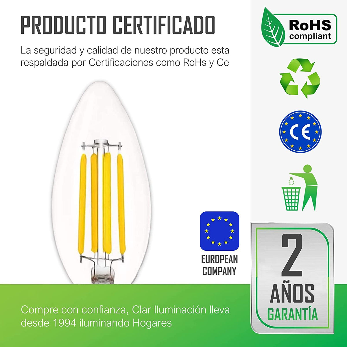 Bombillas LED E14 Filamento Vela 4W