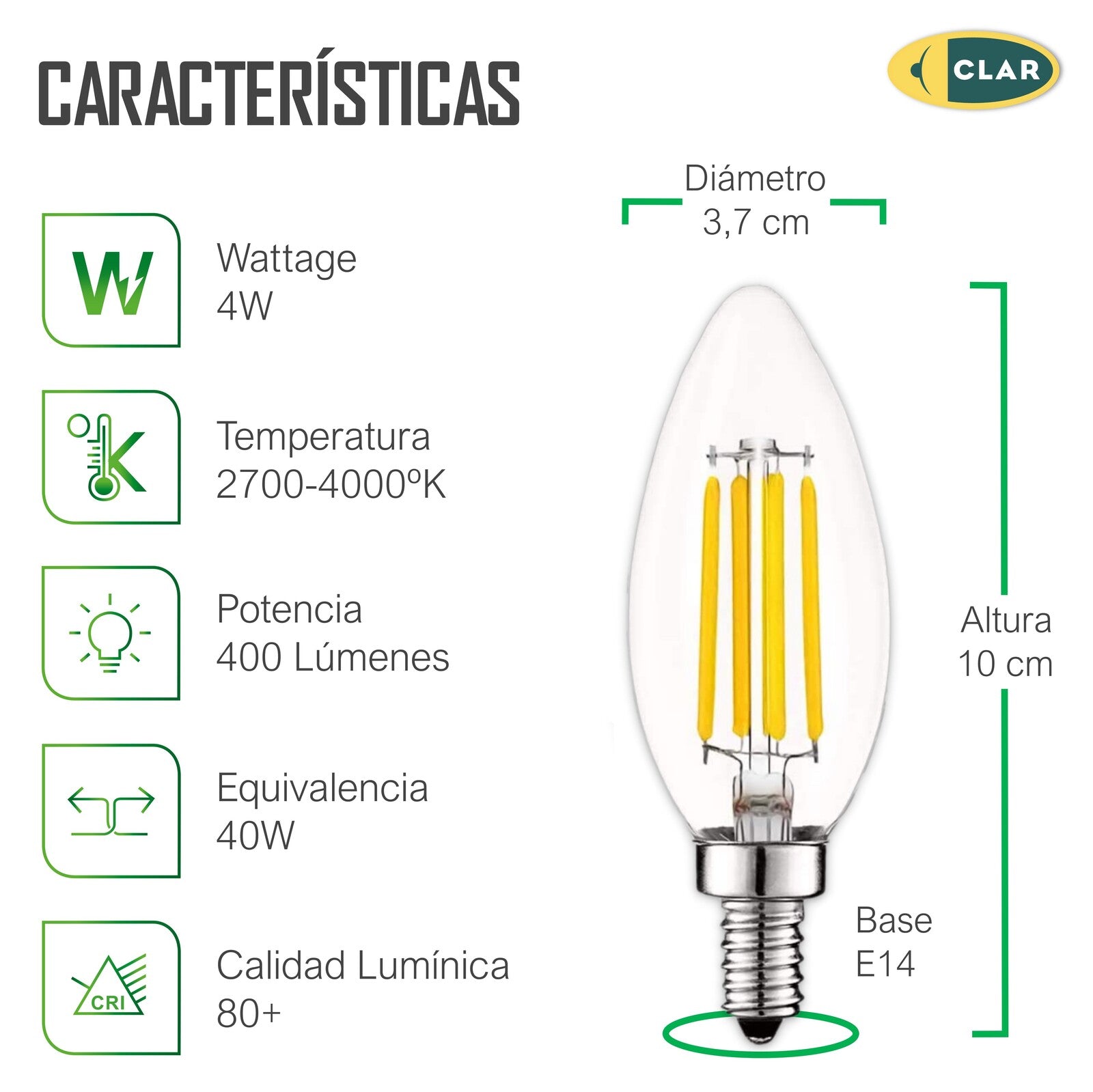 Bombillas LED E14 Filamento Vela 4W