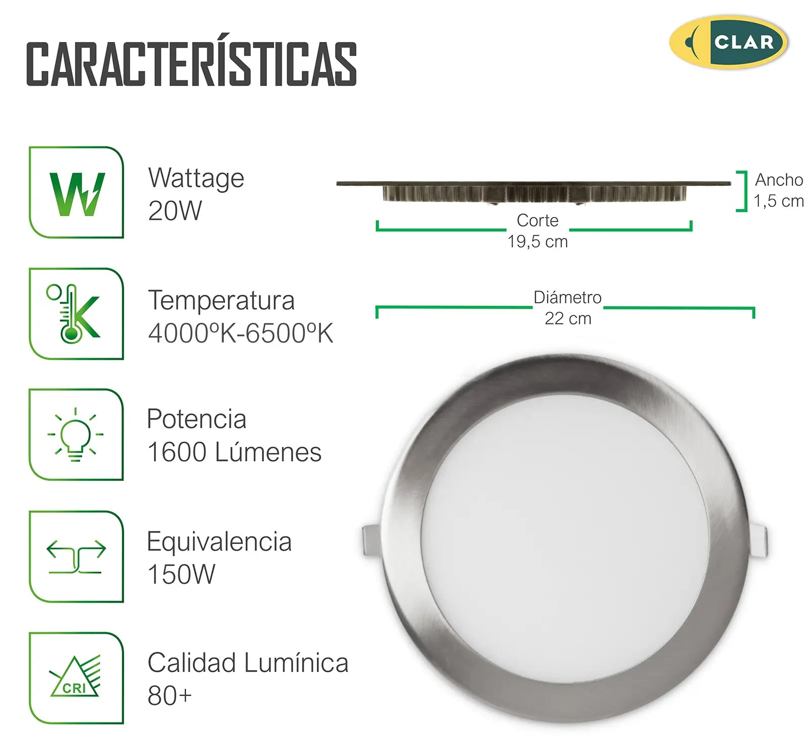 Downlight LED Empotrable Plata 20W Redondo 1600lm