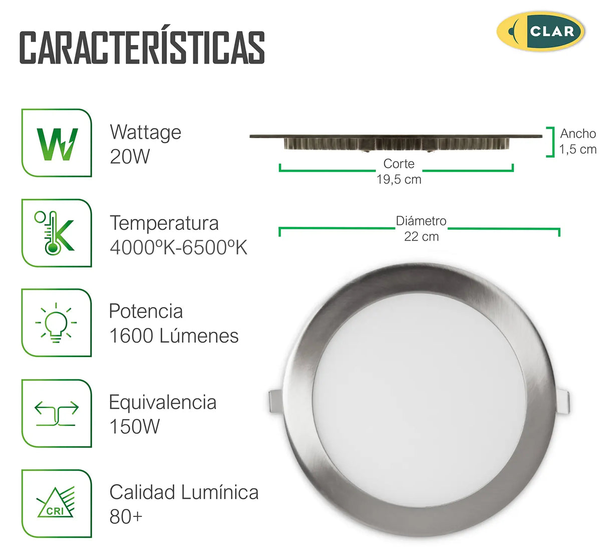 Downlight LED Empotrable Plata 20W Redondo 1600lm