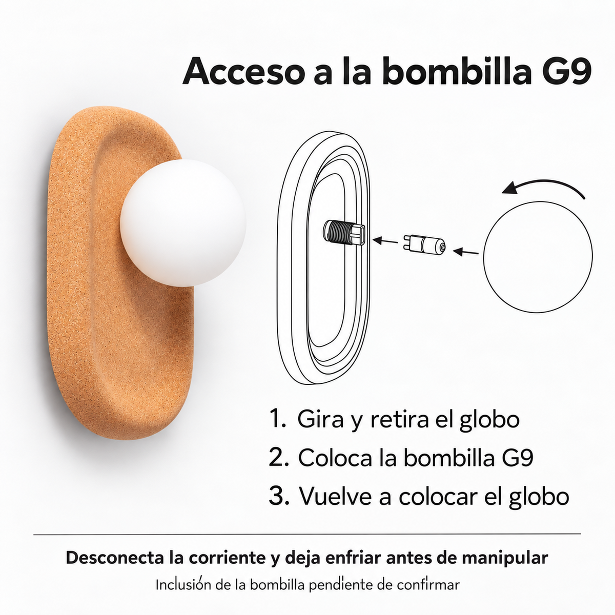 Esquema de acceso a la bombilla G9 del aplique 20001 basado en el manual; inclusión de bombilla pendiente