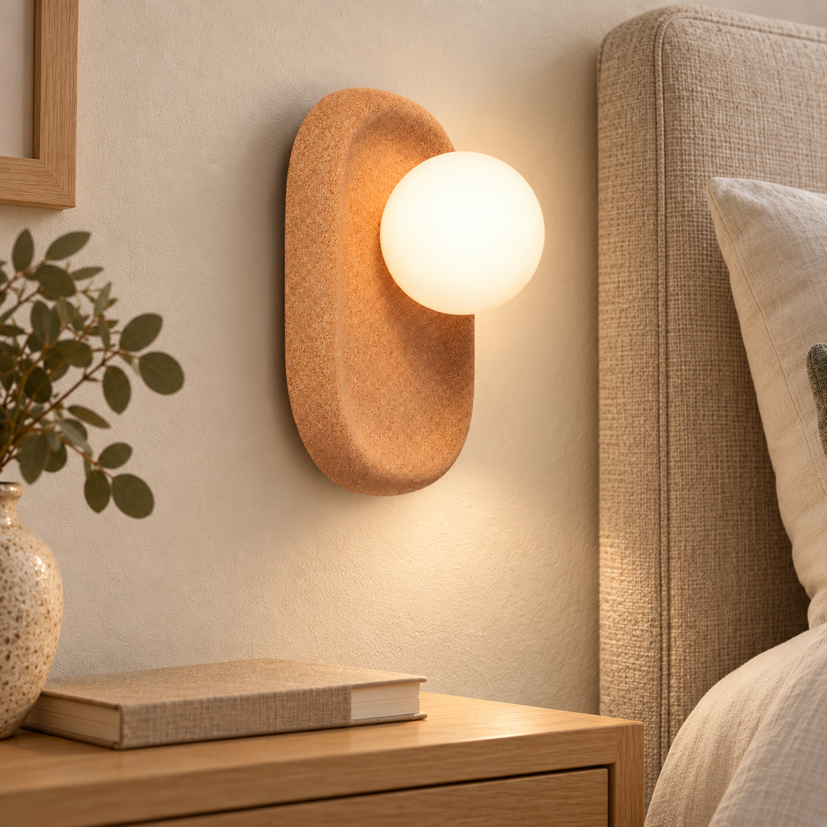 Aplique de pared de corcho natural y metal para bombilla G9, instalado en ambiente