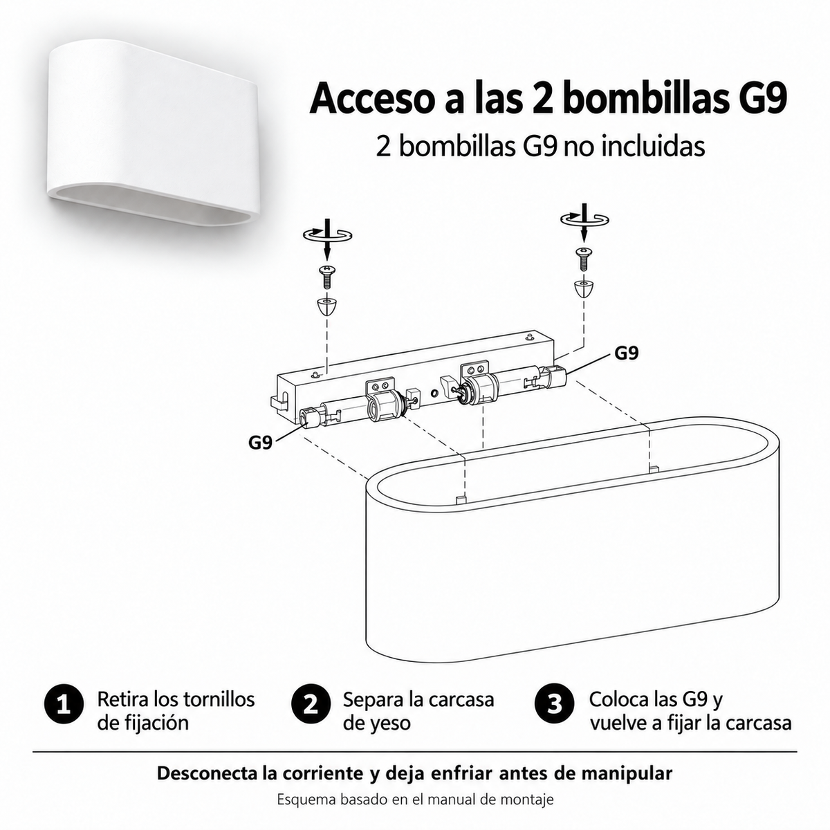 Esquema de acceso y dos posiciones de bombilla G9 del aplique 20003 basado en el manual; bombillas no incluidas