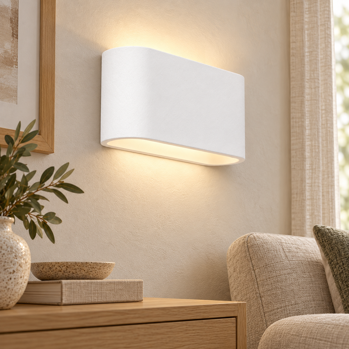 Aplique de pared de yeso blanco de doble luz para 2 bombillas G9, instalado en ambiente