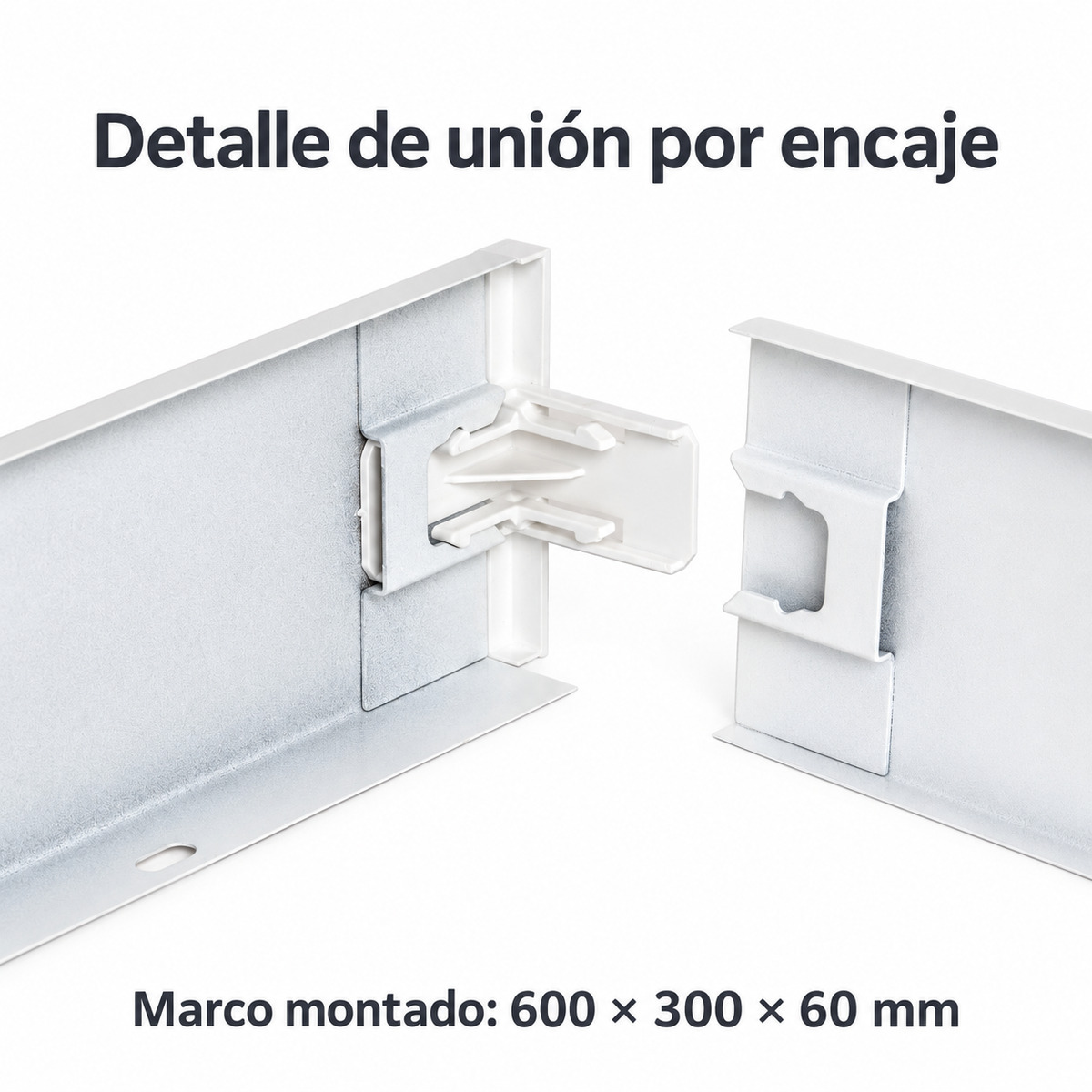 Detalle de unión por encaje del marco 20012: 600 × 300 × 60 mm