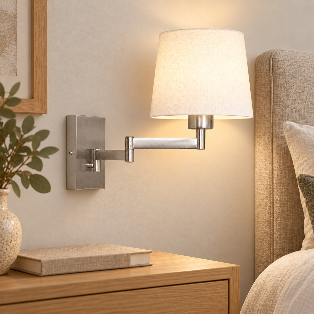 Aplique articulado de aluminio con pantalla blanca E27, vista en ambiente instalado