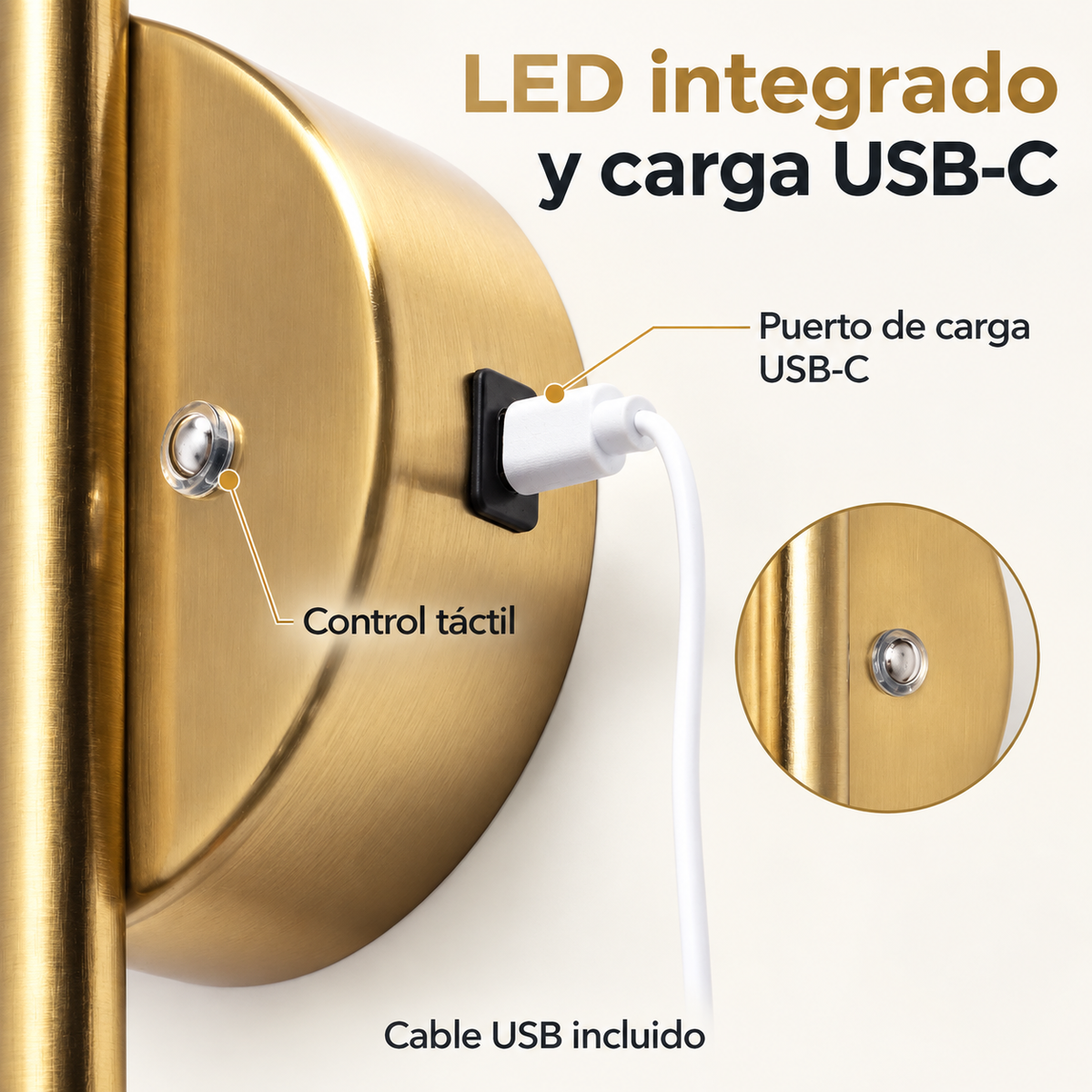 Detalle del puerto USB-C y control táctil del aplique LED dorado, cable USB incluido