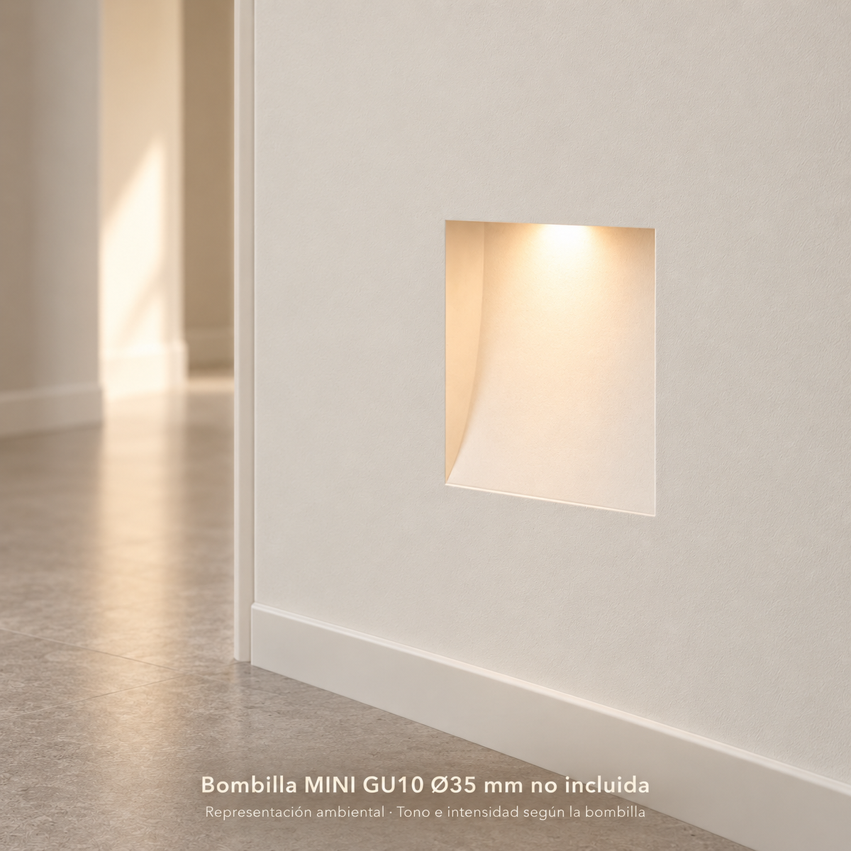 Aplique integrado encendido, representación ambiental con bombilla MINI GU10 de 35 mm no incluida