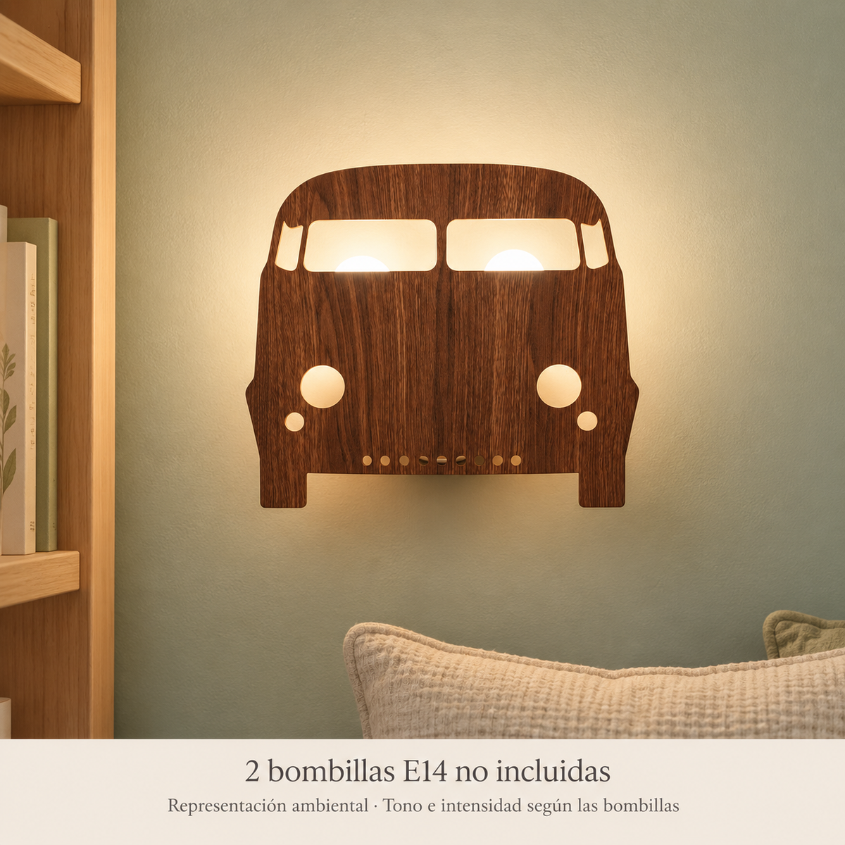 Aplique de madera encendido, representación ambiental con dos bombillas E14 no incluidas