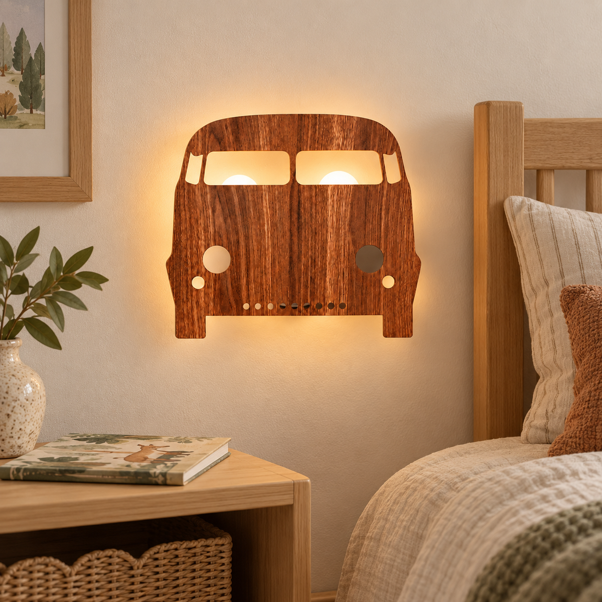 Aplique infantil de madera natural con forma de furgoneta, 2 E14, vista en ambiente instalado