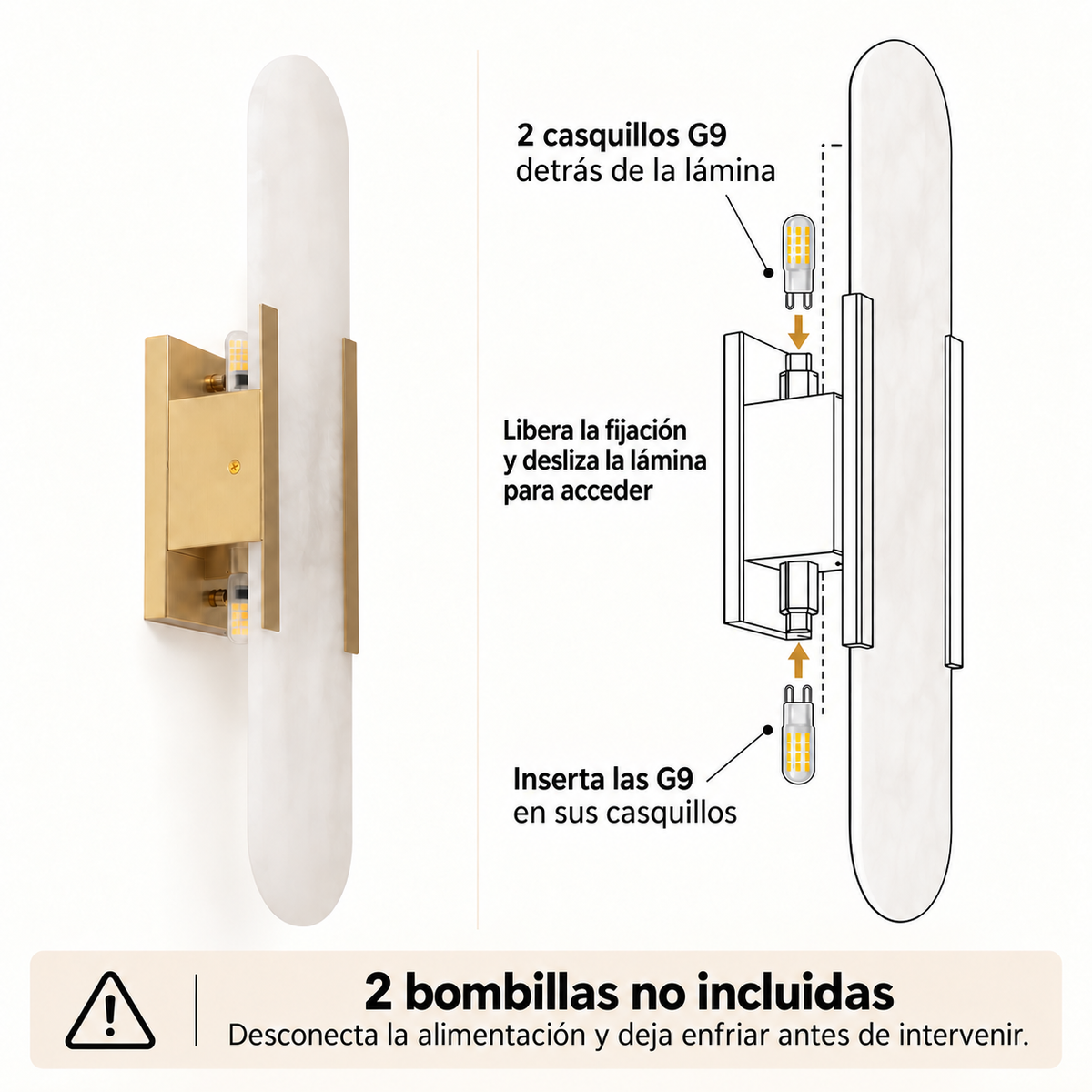 Acceso a los dos casquillos G9 tras la lámina de mármol según el manual