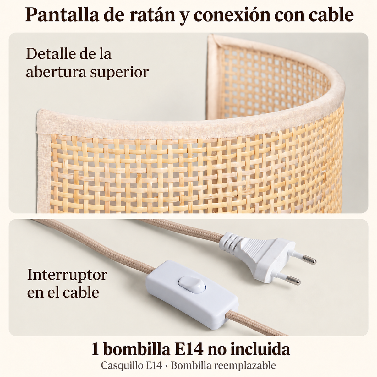 Detalle de pantalla de ratán y cable con interruptor del aplique 20024, casquillo E14, bombilla no incluida