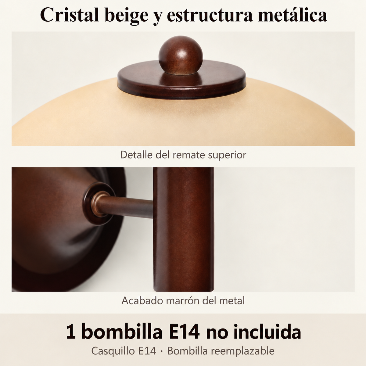 Detalles del cristal beige y metal marrón del aplique 20025, casquillo E14, bombilla no incluida