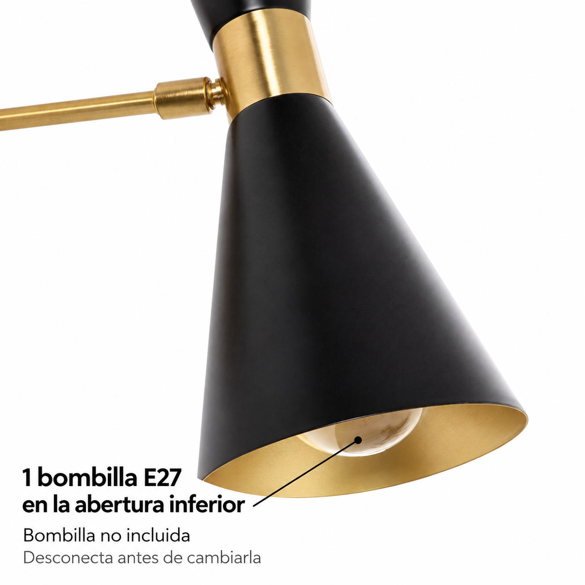 Aplique negro y dorado orientable de doble cono E27, detalle de fuente de luz o alojamiento documentado