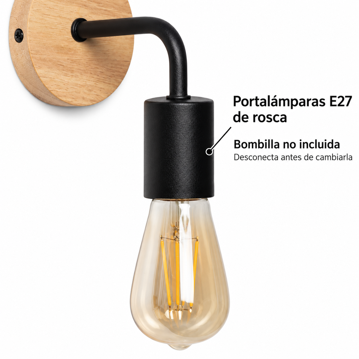 Aplique de madera natural y metal negro para bombilla E27 vista, detalle de fuente de luz o alojamiento documentado