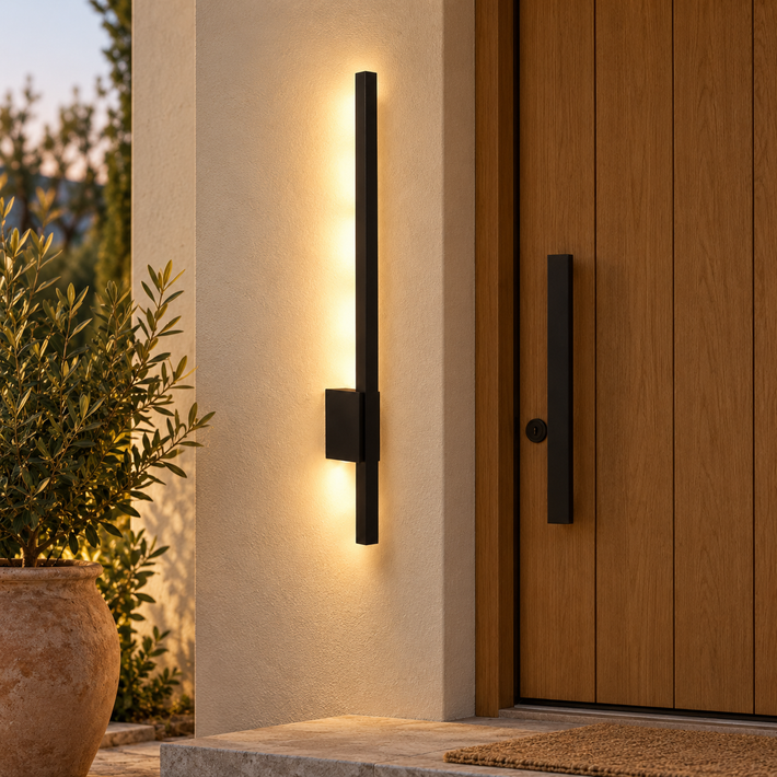 Aplique exterior lineal de aluminio negro 80 cm, LED 12 W 3000 K, vista en ambiente instalado