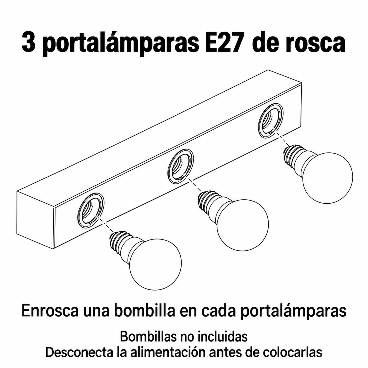 Aplique de baño negro con tres casquillos E27, detalle de fuente de luz o alojamiento documentado