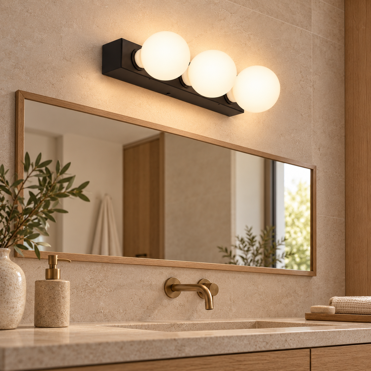 Aplique de baño negro con tres casquillos E27, vista en ambiente instalado