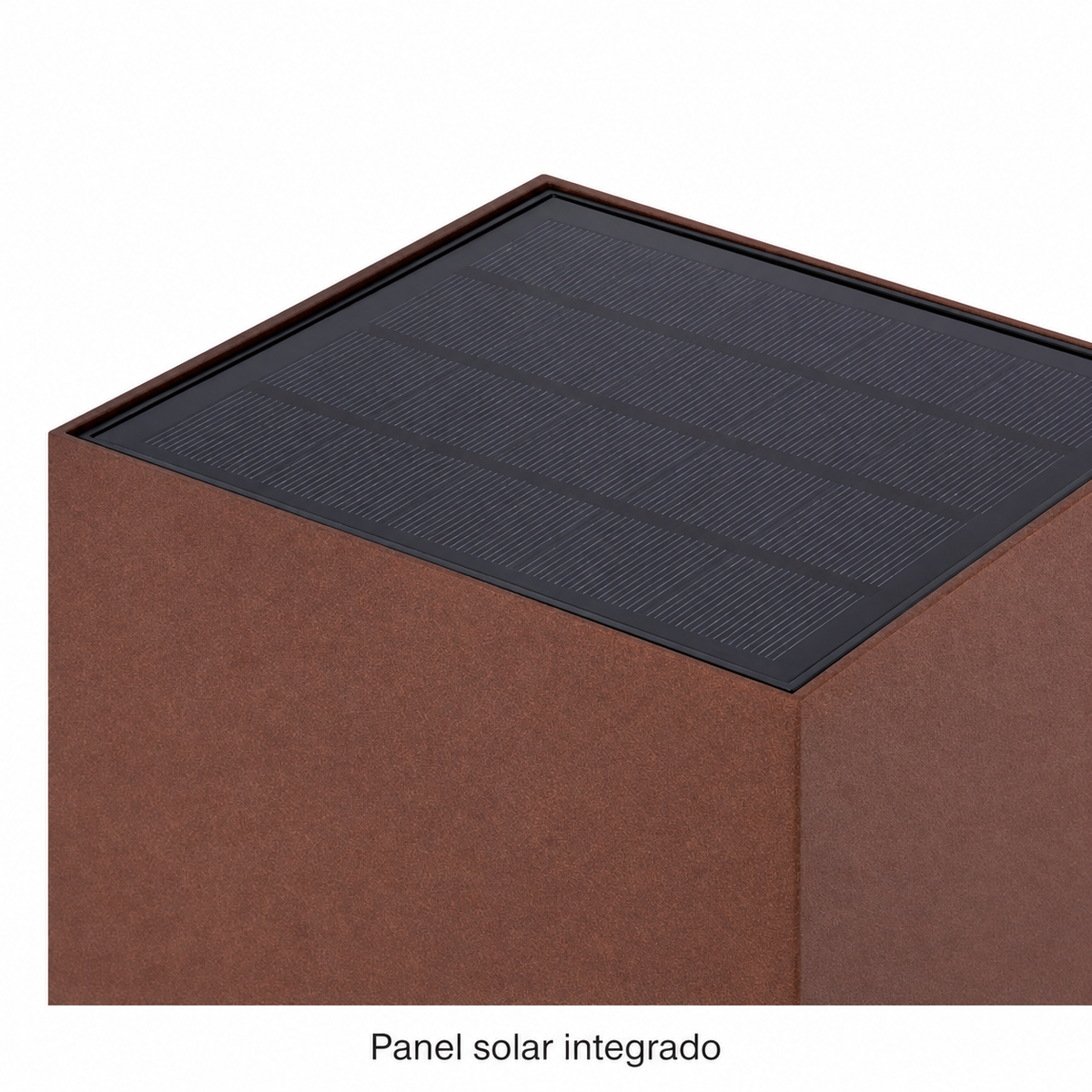 Aplique solar cúbico de aluminio acabado óxido, LED 4000 K, detalle documentado