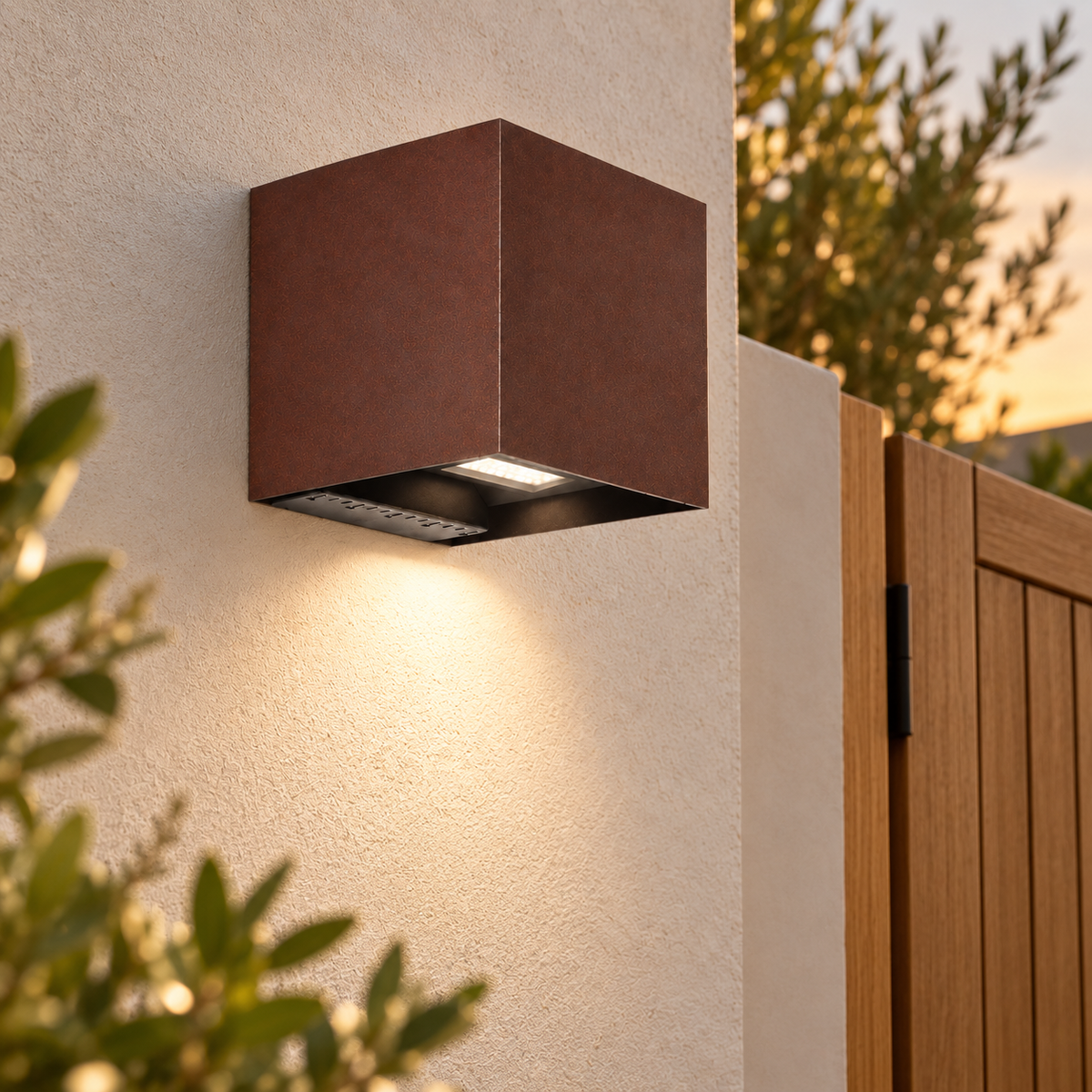 Aplique solar cúbico de aluminio acabado óxido, LED 4000 K, vista en ambiente instalado