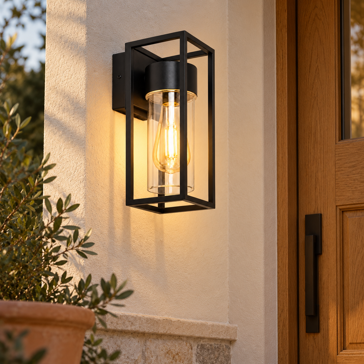 Farol exterior rectangular negro con casquillo E27, vista en ambiente instalado
