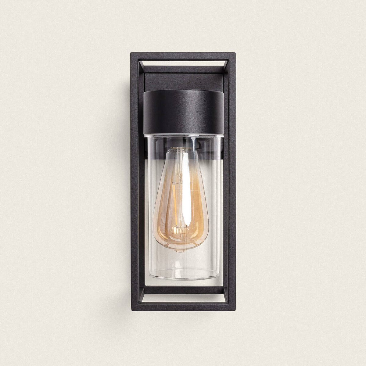 Farol rectangular negro apagado, vista frontal con cilindro de cristal transparente