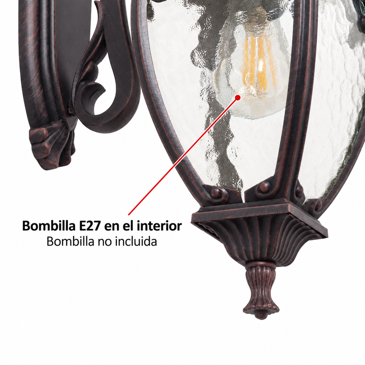 Farol exterior clásico de aluminio acabado óxido E27, detalle documentado