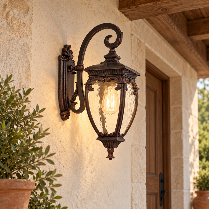 Farol exterior clásico de aluminio acabado óxido E27, vista en ambiente instalado