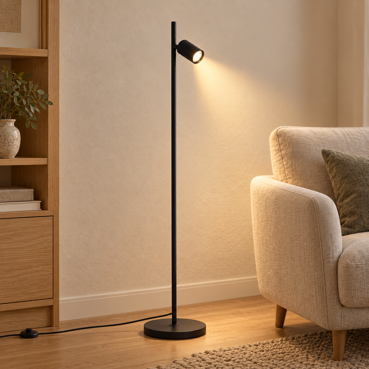 Lámpara de pie de lectura negra de aluminio con foco orientable GU10, instalado en ambiente