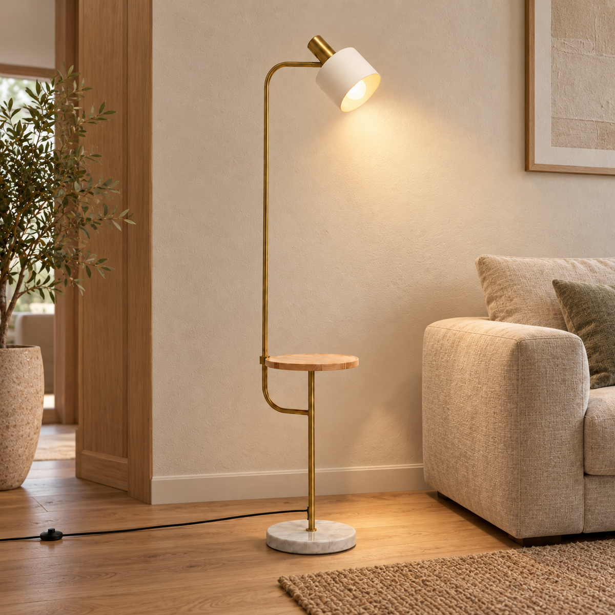 Lámpara de pie blanca con mesa auxiliar de madera, mármol y metal E27, instalado en ambiente