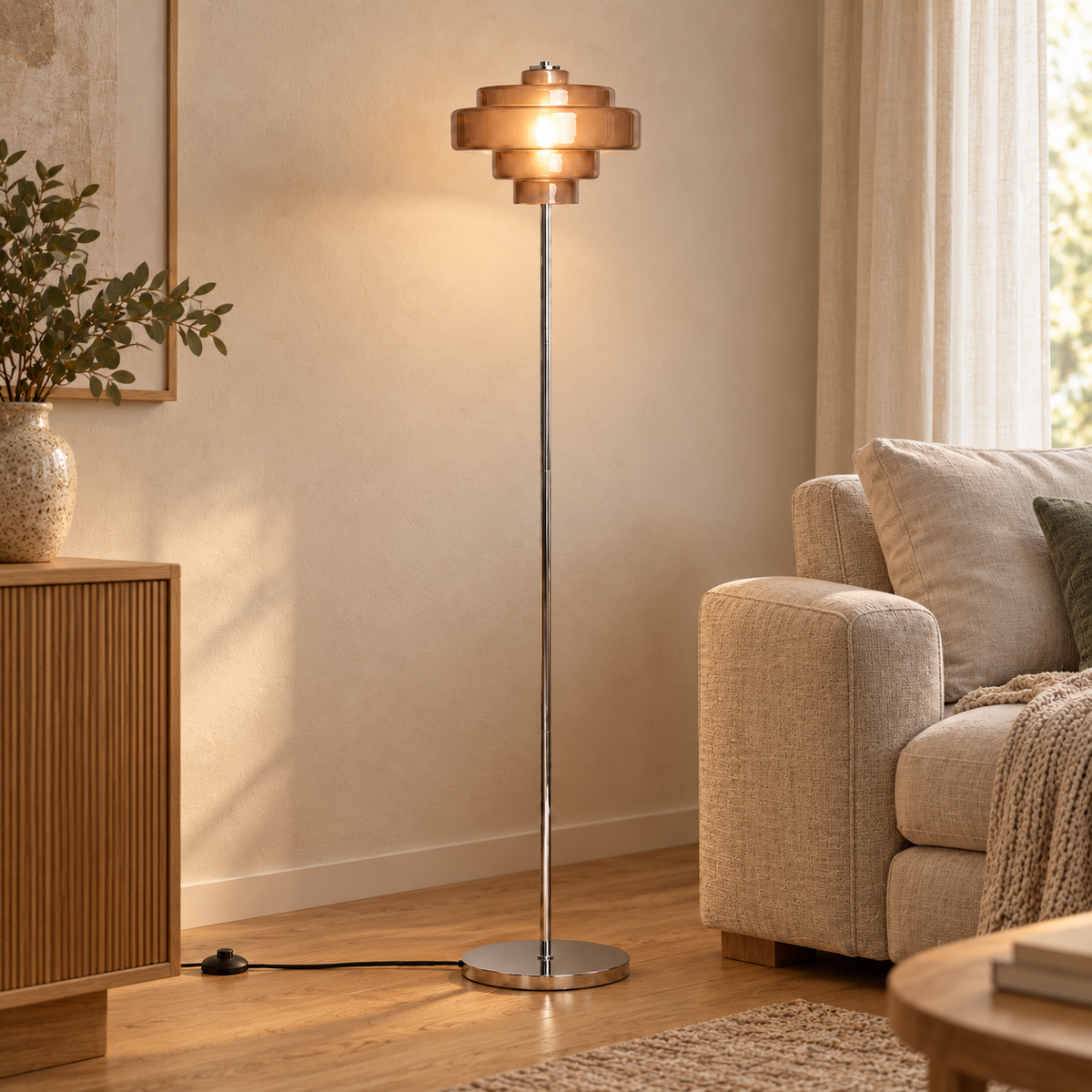 Lámpara de pie marrón de metal y cristal con pantalla escalonada E27, instalado en ambiente