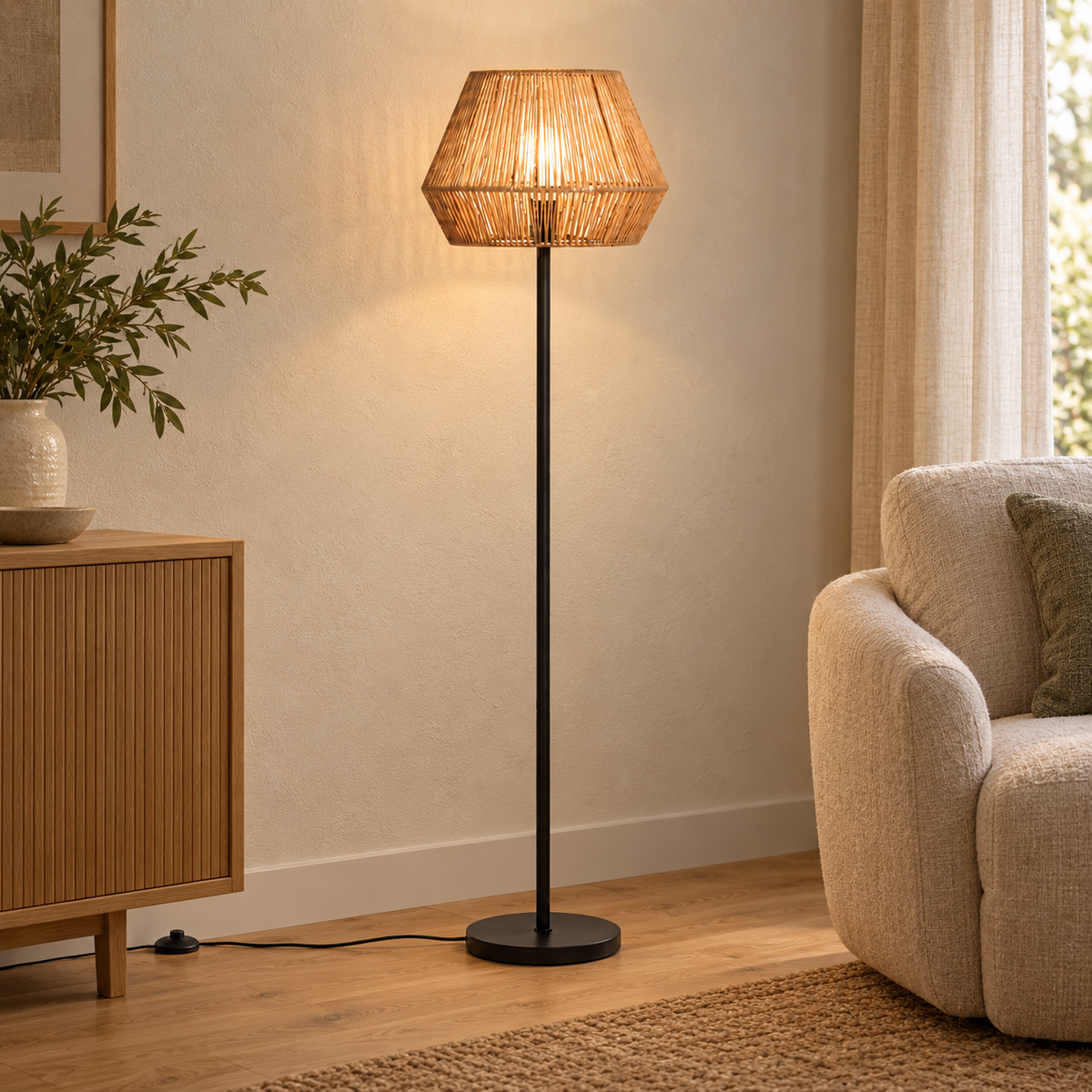 Lámpara de pie negra con pantalla de papel trenzado natural E27, instalado en ambiente