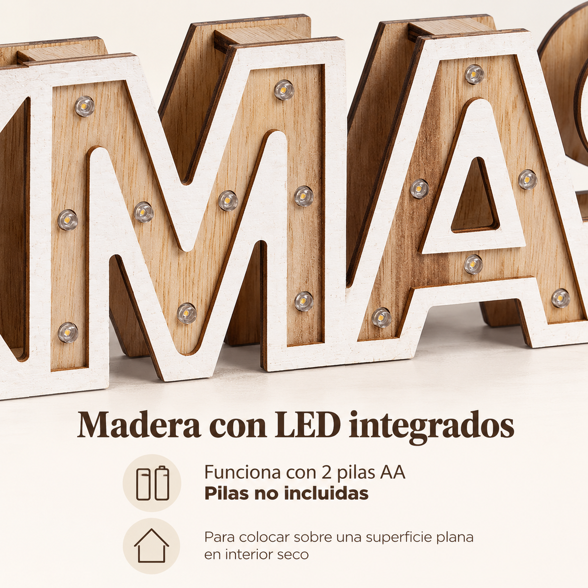 Detalle de madera y LED, alimentación con dos pilas AA no incluidas y colocación en interior seco