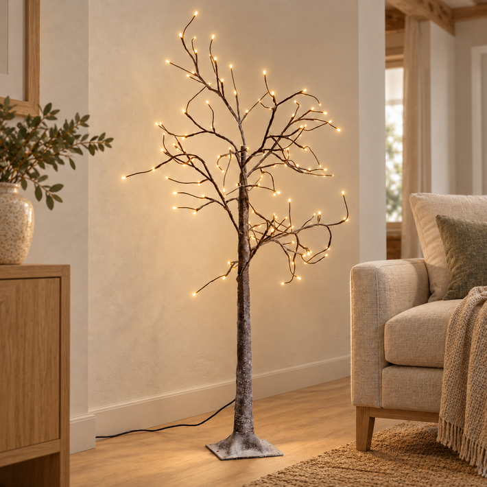Árbol navideño de ramas con 64 LED cálidos y 150 cm, vista en ambiente instalado