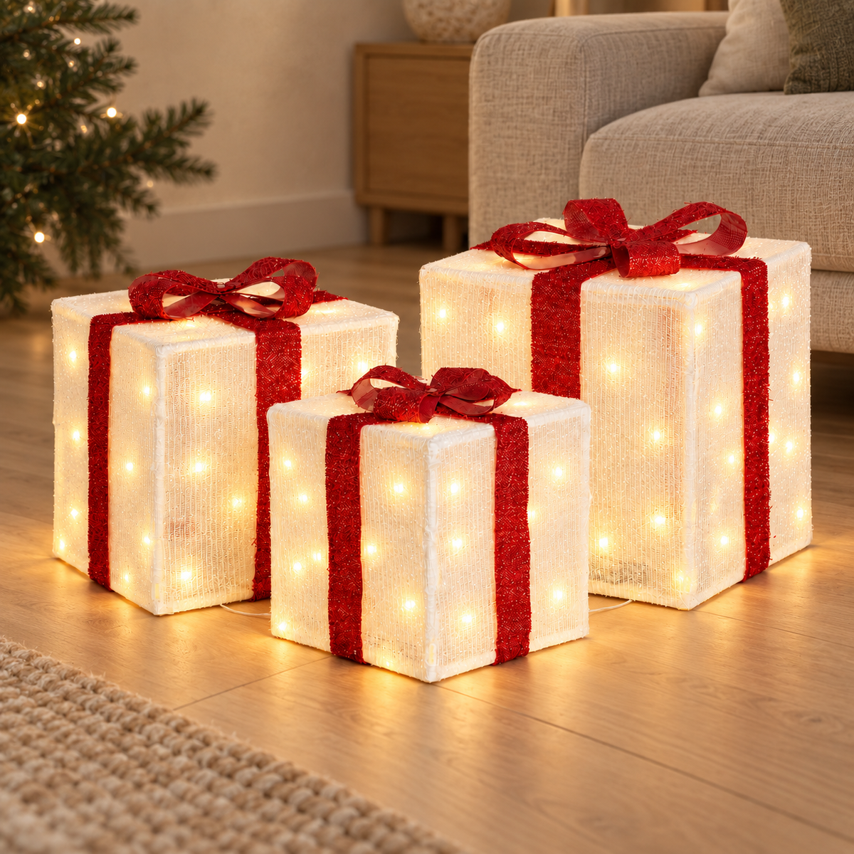 Set de 3 regalos navideños blancos y rojos con 90 LED cálidos, vista en ambiente instalado