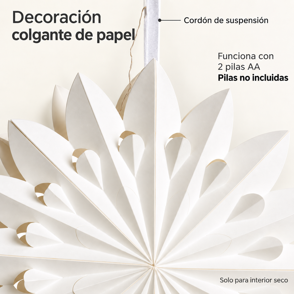 Detalle de cordón de suspensión y papel plegado, alimentación con dos pilas AA no incluidas