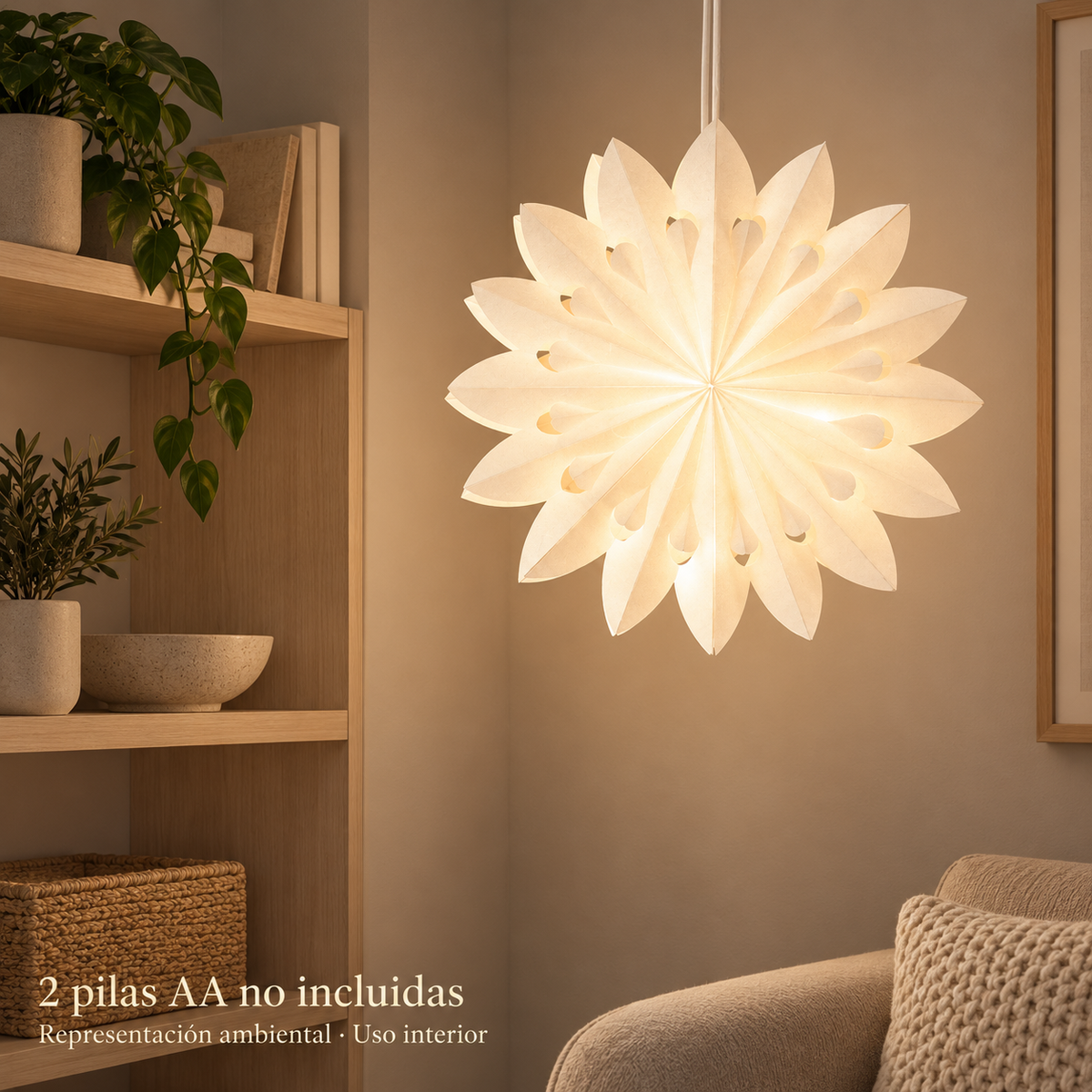Estrella de papel encendida en interior, representación ambiental; dos pilas AA no incluidas