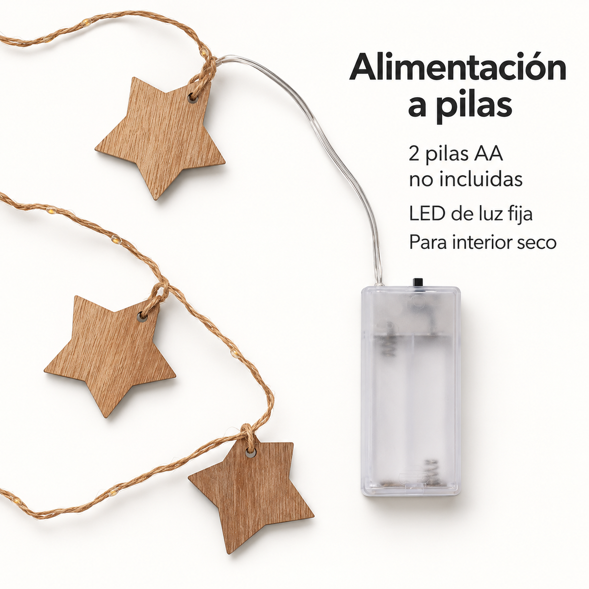 Detalle del portapilas y estrellas de madera, dos pilas AA no incluidas, uso interior seco