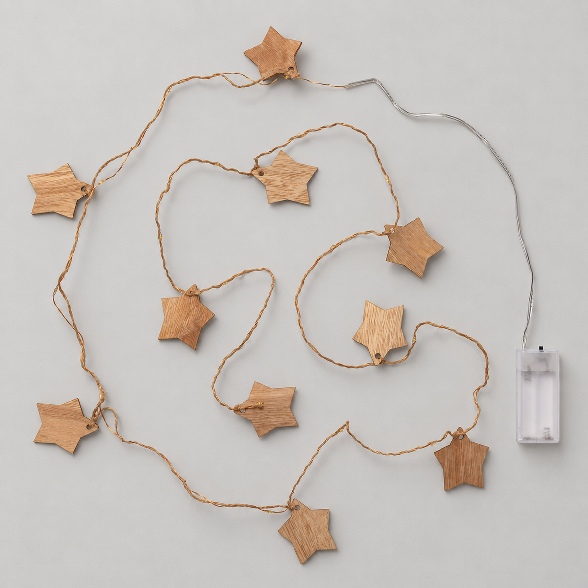 Guirnalda LED con estrellas de madera y portapilas, conjunto completo