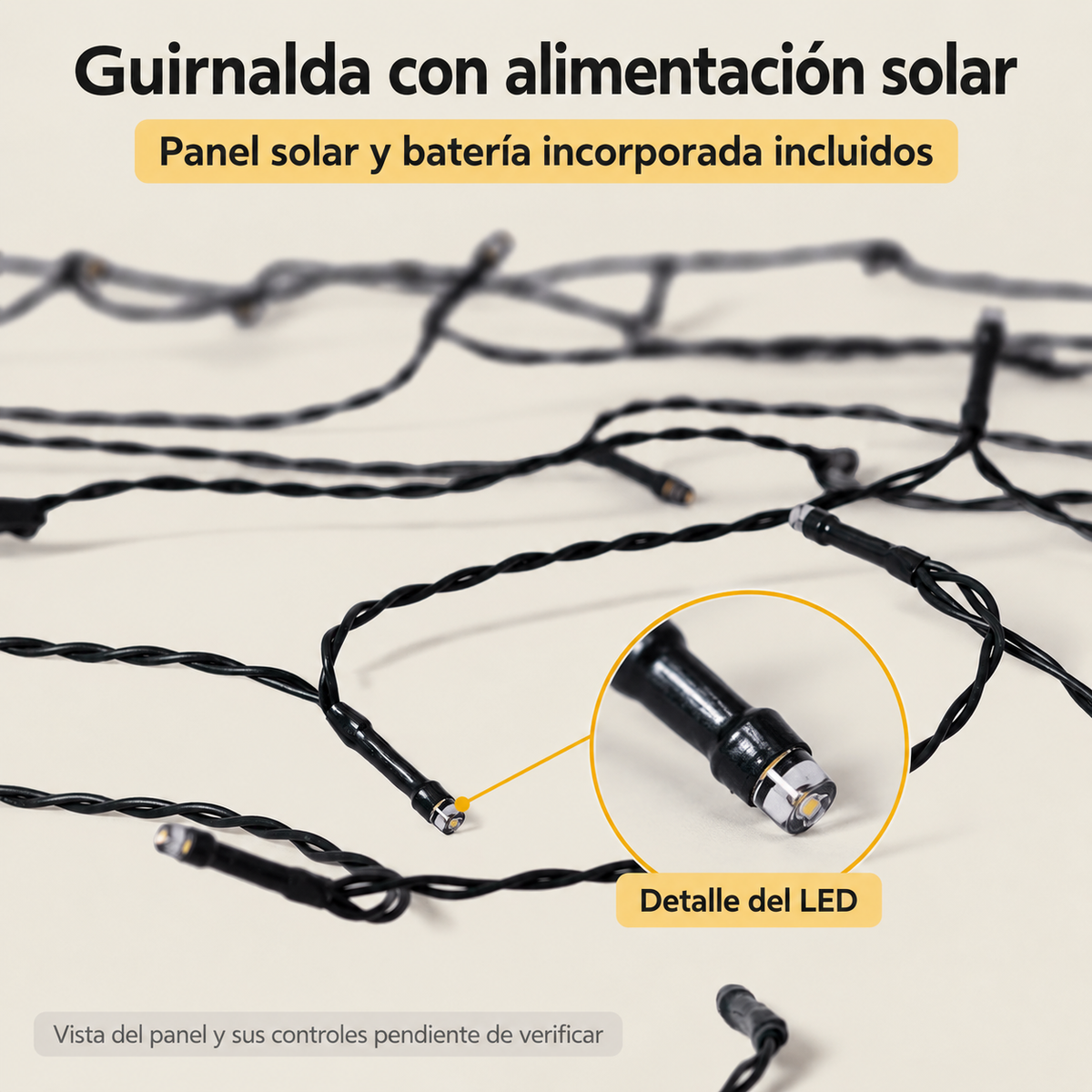 Detalle real del cable negro y LED, vista del panel y controles pendiente de verificar
