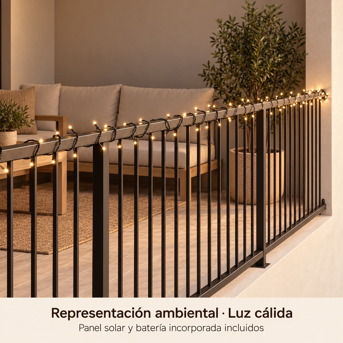 Guirnalda solar cálida encendida en terraza cubierta, representación ambiental; panel y batería incorporada incluidos