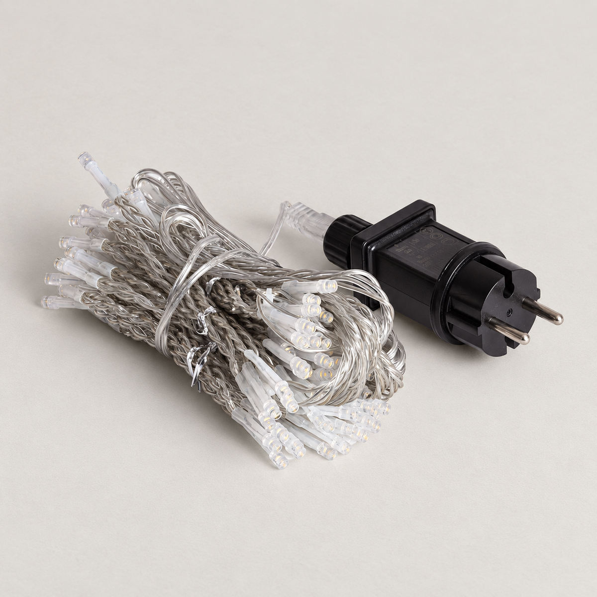 Cortina LED de cable transparente con adaptador, conjunto recogido